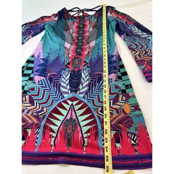 Hale Bob Dress Bold Peacock Art To Wear Geometric Flutter Sleeves SZ Med - Picture 6 of 8